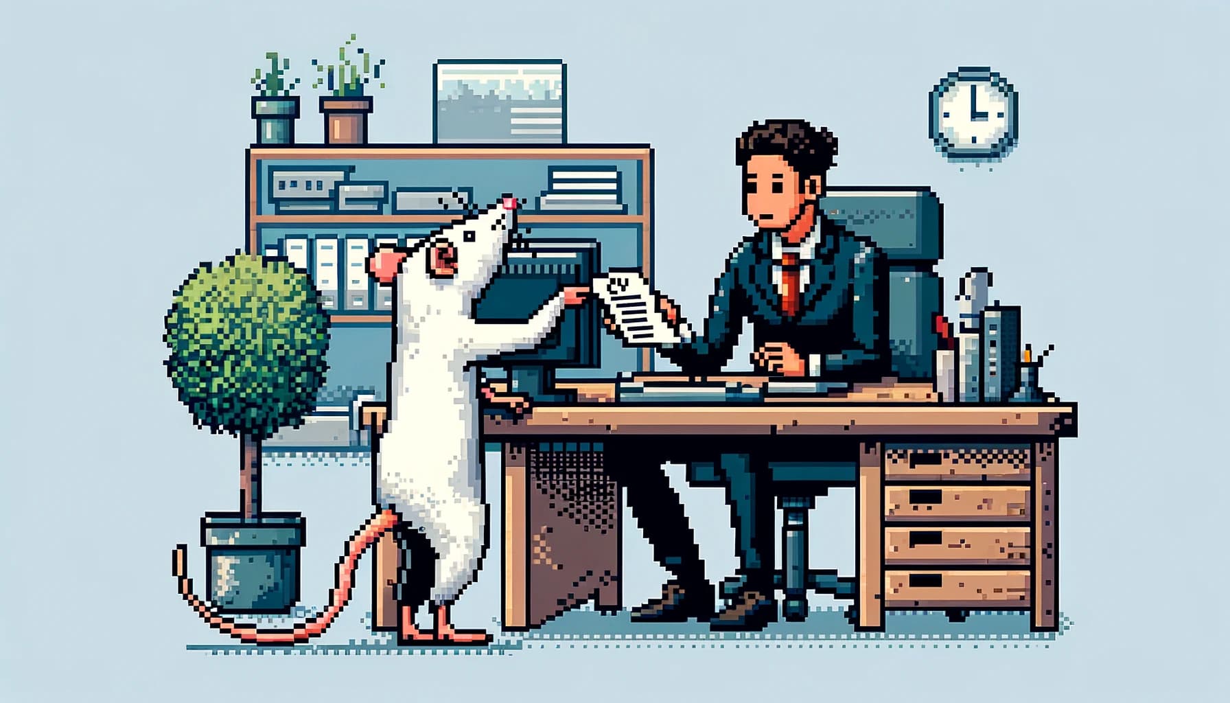 Cartoon rat handing a hiring manager a CV.